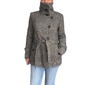 Esprit Gray Tweed Belted Pea Coat Funnel Neck Dark Academia Vintage